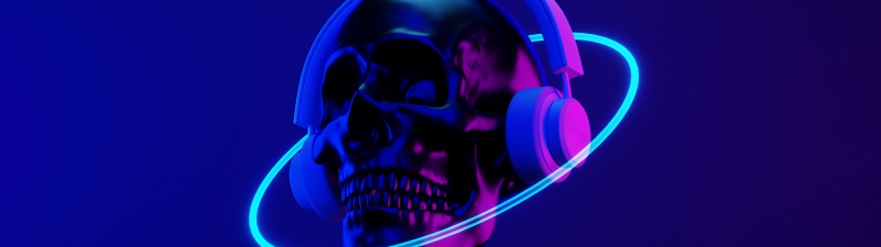 Dubstep, Skull, Headphones, Neon art, Synthwave, 5K, Dark blue
