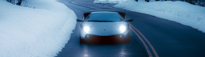 Lamborghini Murcielago, Winter Road, Snowy road, Sports cars, Headlights, Blue aesthetic, 5K