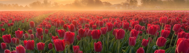 Tulip Field, Sunrise, Red Tulips, Tulip flowers, Spring flowers, Netherlands, Landscape