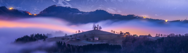 Slovenia, Hilltop, Foggy night, Landscape, Mountains, Church, Twilight, Star Trails, Mystical