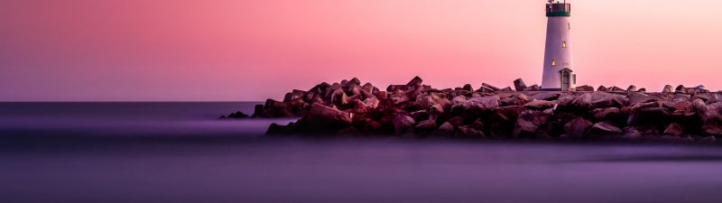 Lighthouse, Pink Hour, White, Beacon, Purple sky, Rocks, Seashore, Sunset, 5K
