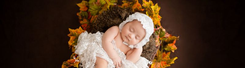 Newborn, White Dress, Fur, Autumn leaves, Brown, Dark background, Cute Baby, Basket, 5K, Brown aesthetic