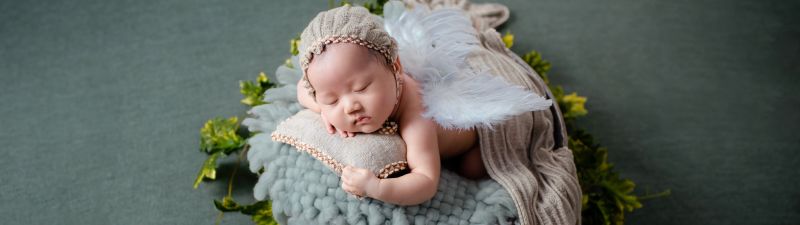 Newborn Baby, Baby girl, Angel, Green leaves, Sleeping baby, Portrait, Cute Baby, Photoshoot, 5K, Sage green