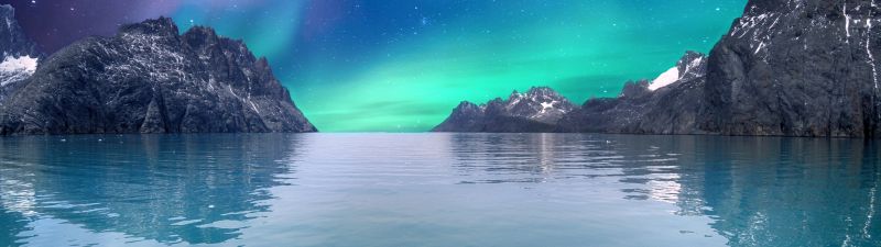 Northern Lights, Sea, Blue Sky, Stars, Reflection, Mountains, Glacier, Aurora Borealis, 5K, 8K