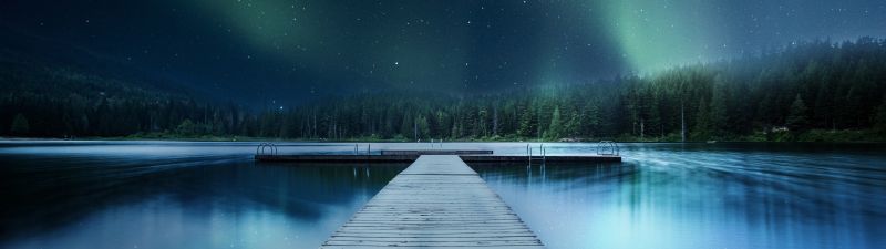 Wooden pier, Jetty, Lake, Aurora Borealis, Clear sky, Trees, Stars, Blue, 5K, 8K