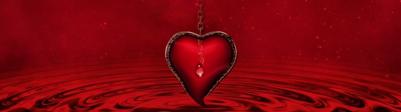Red heart, Water, Red background, Stars, Waves, Chain, 5K