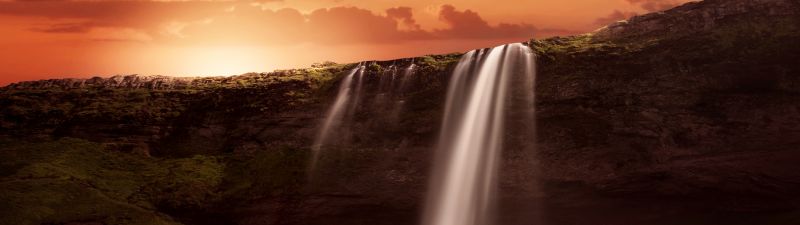 Waterfalls, Sunrise, Orange sky, Clouds, Grass Landscape, Rock, 5K