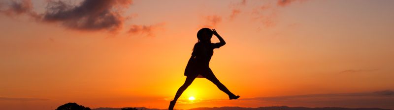 Sunrise, Silhouette, Woman, Jumping, Girl, Clouds, Happy Mood, 5K