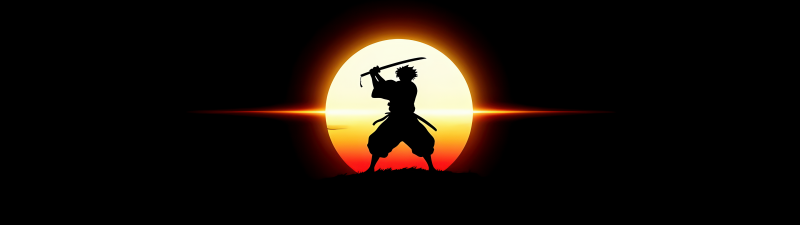 Samurai, Silhouette, Minimalist, AMOLED, Black background, 5K