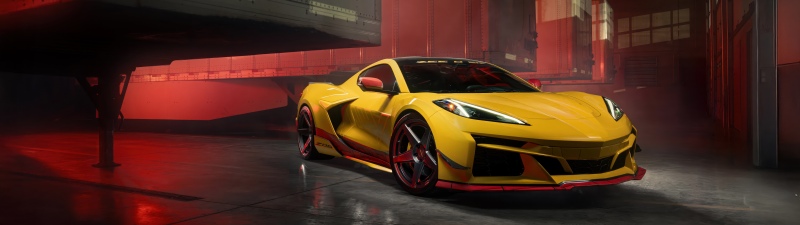 Chevrolet Corvette Z06, Warehouse, Yellow cars, Sports cars, Red lighting, 5K
