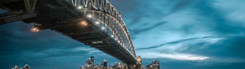 Sydney Harbour Bridge, Milsons Point, Australia, Cityscape, River, Night lights, Blue Sky, 5K