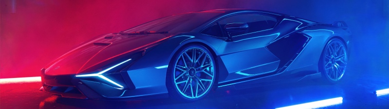 Lamborghini Sián FKP 37, Neon lighting, 5K, Supercars, Red and blue, Futuristic