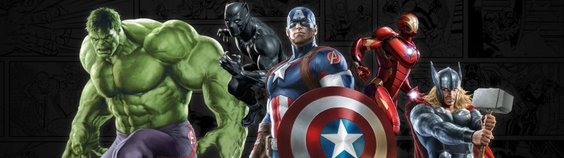 Marvel Superheroes, Poster, Hulk, Captain America, Iron Man, Thor, Black Panther, Dark background, Marvel Comics
