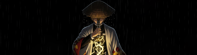 Zenitsu Agatsuma, AMOLED, Thunder Breathing, Black background, Demon Slayer: Kimetsu no Yaiba, 5K, Lightning