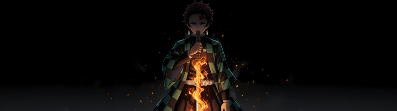 Tanjiro Kamado, Fire effect, Dark background, 5K, Hinokami Kagura, Demon Slayer: Kimetsu no Yaiba