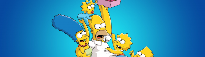 The Simpsons, Doughnuts, Blue background, Homer Simpson, Marge Simpson, Bart Simpson, Lisa Simpson, Maggie Simpson, Simpson family