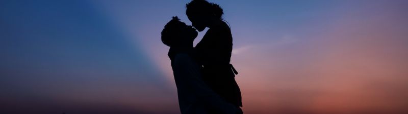 Couple, First kiss, Silhouette, Romantic kiss, Sunset, 5K