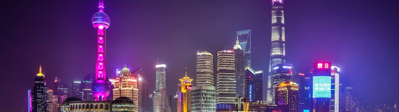 Shanghai City, Body of Water, Reflection, Skyscrapers, Night life, Cityscape, Lights, Modern architecture, 5K