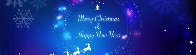 Merry Christmas, Sparkling, Happy New Year, Santa Claus chariot, Snowflakes, Blue background