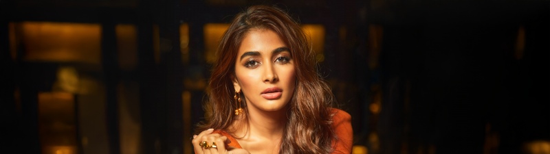 Pooja Hegde, 8K, Dark background, 5K, Indian actress, Orange