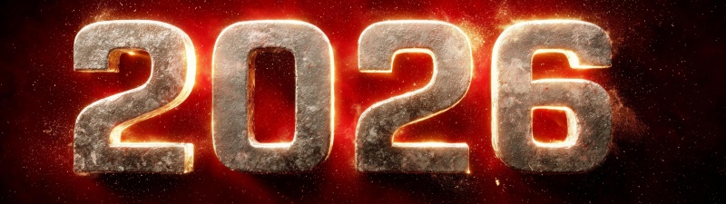 2026 New Year, 3D text, Dark red, Golden text, 5K, Red background