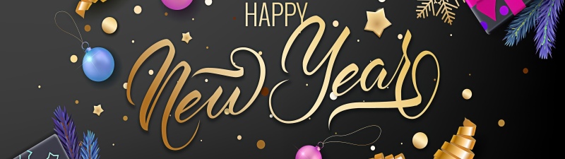 Happy New Year, Confetti, Black and gold, Golden letters, Dark background, 5K