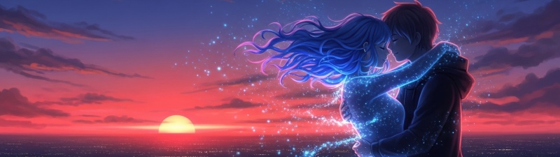 Romantic, Love couple, Surreal, Ethereal, Glowing, Sunset, Stars, Shooting stars, Moon, 5K