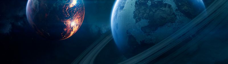 Blue planet, Orbital ring, Red planet, Stars, Galaxy