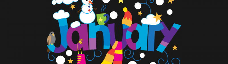 January, Illustration, Colorful, Snowman, Dark background, 5K