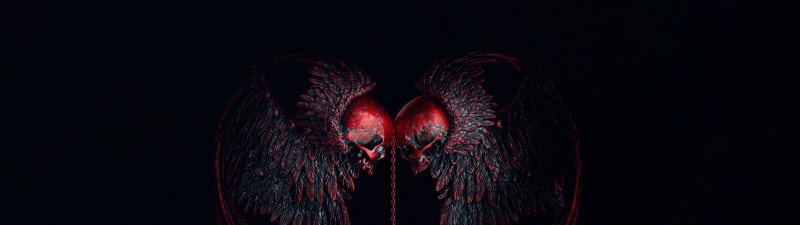Heart shape, Skulls, Gothic, Angel wings, AMOLED, Black background, 5K
