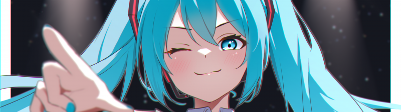 Hatsune Miku, Vocaloid, Anime girl, Winking, Blue hair, Digital Art