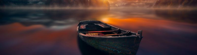 Sunset, Boat, Lake, Reflections, Dawn, Mountains, Fog, Trees, 5K