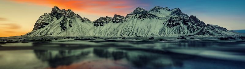 Vestrahorn, Snow mountains, Sunset, Landscape, Reflection, Lake, Glacier, Scenic, 5K, Stokksnes