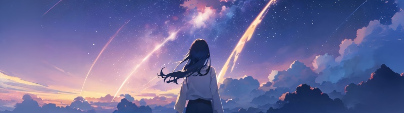 Anime girl, Night sky, Galaxy, Shooting stars, Cosmic, Purple sky, Your Name, Mitsuha Miyamizu, Celestial, Kimi no Na wa