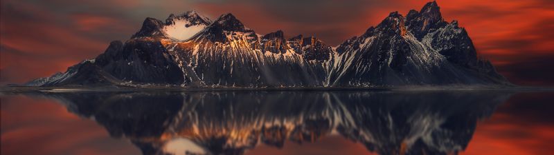 Vestrahorn mountain, Sunset Orange, Lake, Reflection, Scenery, Snow covered, Beautiful, 5K, 8K, Stokksnes