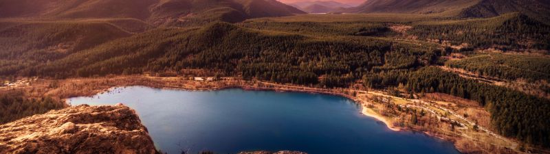 Scenic, Sunset, Lake, Mountains, Landscape, Birds, Purple sky, Evening, Dawn