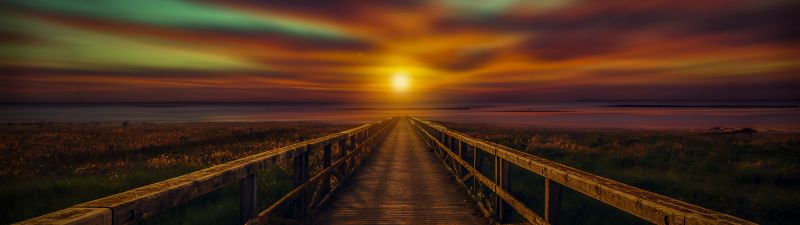 Wooden pier, Sunset, Bridge, Dawn, Dusk, Vacation, Holidays, 5K