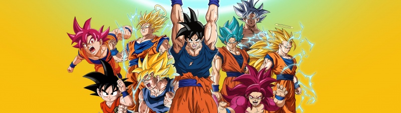 Dragon Ball Super, Anniversary Edition, Super Saiyan Goku, Super Saiyan God, Super Saiyan Blue, Ultra Instinct Goku, Super Saiyan 4 Fusion, 5K, Son Goku, Yellow background
