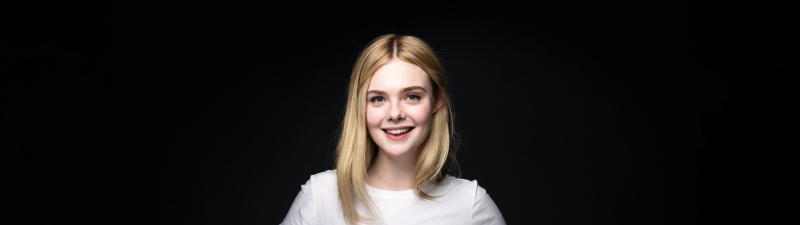 Elle Fanning, Dark background, 5K, Smiling, Blonde, Portrait