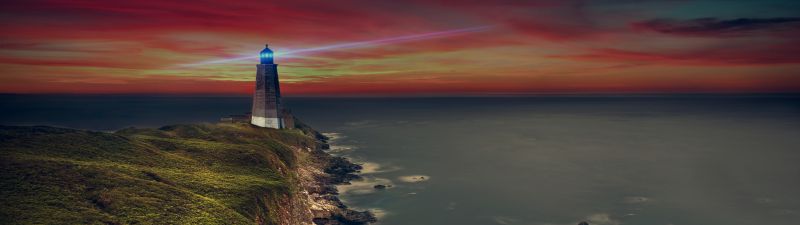 Lighthouse, Coastline, Ocean, Purple sky, Evening, Seascape, Seashore, 5K