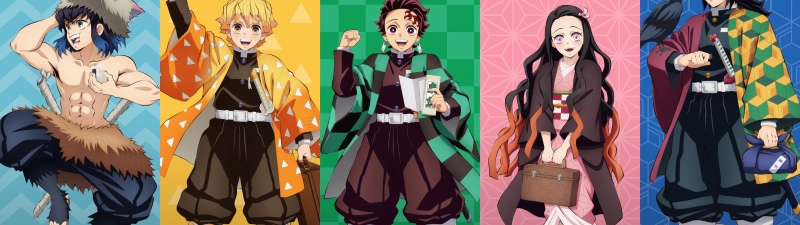 Demon Slayer: Kimetsu no Yaiba, Characters, Inosuke Hashibira, Zenitsu Agatsuma, Tanjiro Kamado, Nezuko Kamado, Giyu Tomioka, 5K, Colorful background