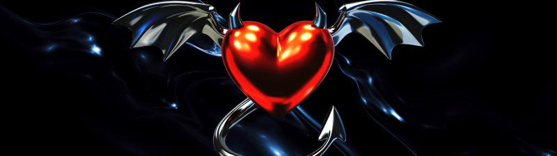 Devil heart, Metallic, Bat wings, Dark background, Red heart, 5K, Gothic