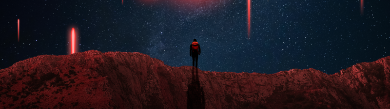 Lonely, Apocalyptic, Red moon, Surreal, Blood Moon, Meteorite fall, Starry sky