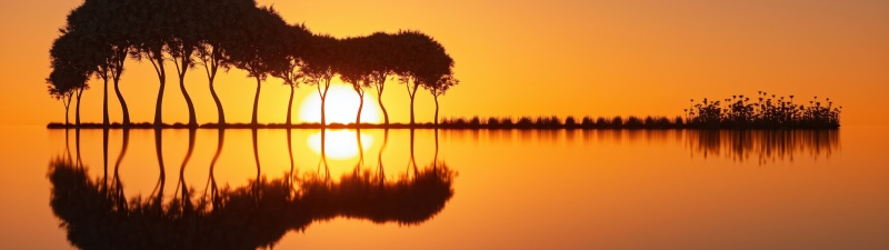 Guitar Island, Sunset, Reflections, Landscape, 5K, Orange sky, Surreal landscape, Silhouette