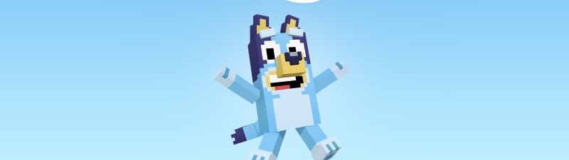 Bluey, Minecraft, 2026 Games, Cute cartoon, Pixel art, Blue background