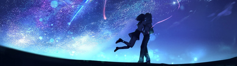 Your Name, Couple, Kimi no Na wa, Night sky, Stars, Comet, Taki Tachibana, Romance, Mitsuha Miyamizu, Comet Tiamat, Shooting stars