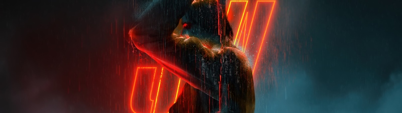 John Wick, Neon art, Rain, Dark aesthetic, 5K, Neon lighting
