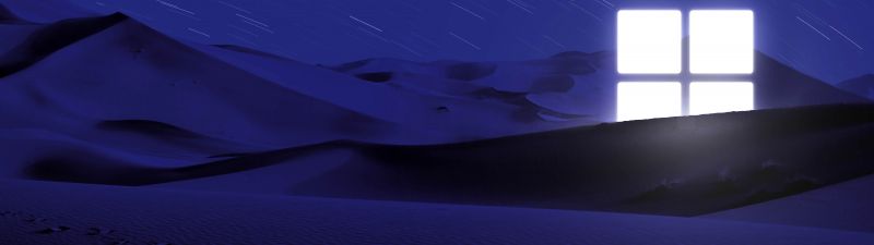 Desert, Windows logo, Night, Blue, Glowing, Star Trails, Illuminated, 5K