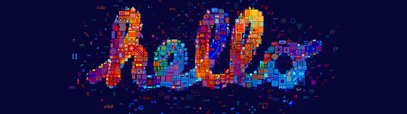 Hello, Mosaic, Typography, Pixel art, Colorful art, 5K, Dark blue, Apple