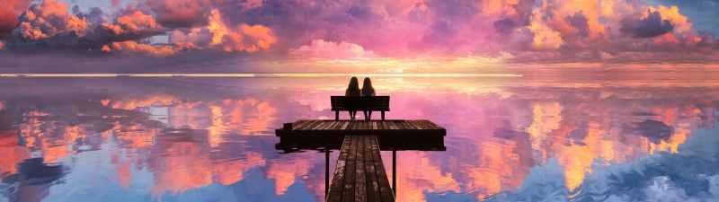 Women, Romantic, Sunset, Clouds, Reflections, Wooden pier, Dreamy, Valentine's Day, 5K, Surreal landscape